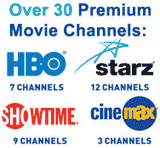 Over 30 Premium Movie Channels: HBO, 7 Channels; Starz, 12 Channels; Showtime, 9 Channels; Cinemax, 3 Channels